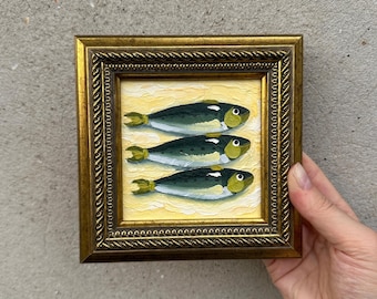 Mini Sardines Painting Original Oil Fish Art Small Kitchen Wall Decor Vintage Style Frame Coastal Artwork 3 Fish Still Life