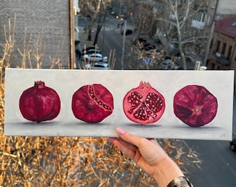Pomegranate Oil Painting Fruit Still Life Kitchen Wall Decor French Country Original Art Food Artwork Stretched Canvas