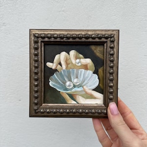 Seashell with Pearl Original Oil Painting Elegant Coastal Art Gift Small Framed Artwork Unique Handmade Present