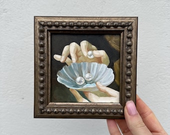 Seashell with Pearl Original Oil Painting Elegant Coastal Art Gift Small Framed Artwork Unique Handmade Present