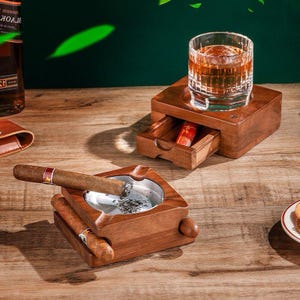 Luxury Wooden Cigar Ashtray – Handmade Ashtray with Storage Drawer & Whiskey Glass Holder for Home, Office and Cigar Lounge