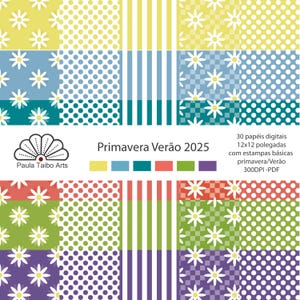 Spring digital paper set with daisies, polka dots and stripes. Papers with the colors of spring 2025. Papers for scrapbooking.