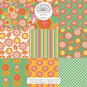 Kit numérique avec imprimés de fleurs de style rétro - années 70 - idéal pour l'impression sur tissu, papier, scrapbooking et projets créatifs.