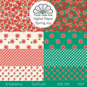 Spring digital paper set with red and pink flowers. Papers with the colors of spring 2025 for scrapbooking and stationery