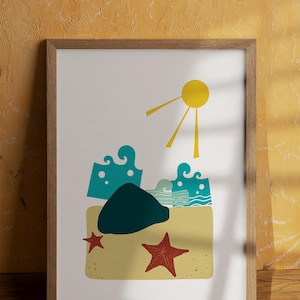 Arte Minimalista de Praia, Sol, Mar e Estrelas-do-Mar, Poster para decorar casas de praia e para quem gosta de "costal Art".