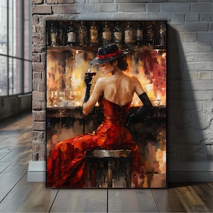 Seductive Wine Bar Elegance – Digital Download Wall Art | 40x50 Inches & A1 Size | Glamorous Woman in Red Dress | Wine Lounge Art Print