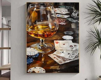 Luxus Leinwand für Poker und Whisky – Realistische Barszene mit Spielkarten, Pokerchips und Cognacglas – Spielzimmer