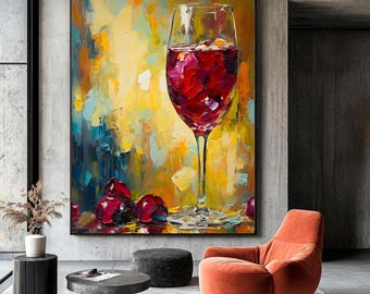 Wine Glass Wall Art | Abstract Red Wine Painting with Colorful Background | Modern Kitchen or Dining Room Decor | Vibrant Wine Lover Gift