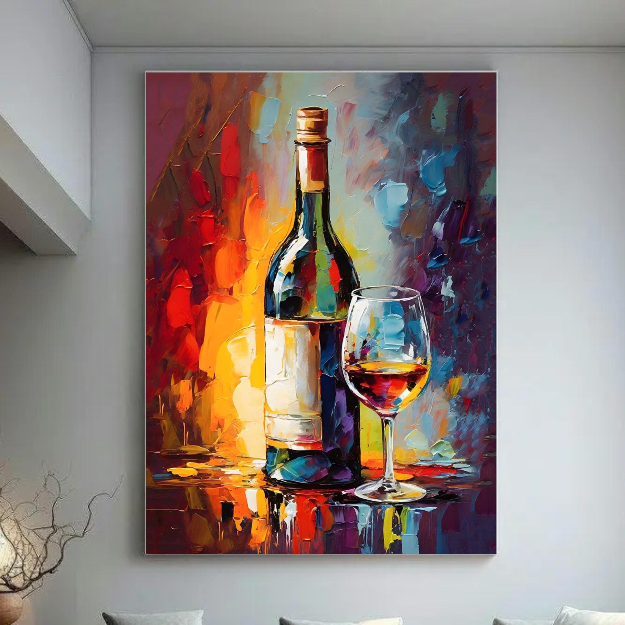 Abstrakter Rotwein-Kunstdruck - Digitale Datei für Bar-Küche oder Keller-Wein-Liebhaber-Digitaldruck-Abstrakte Flasche und Glas-Wand-Kunst-Download