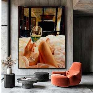 Chic Lounge Wall Art – Wine Glass & Cozy Bed Painting,Intimate Wine Glass Bedroom Scene, Digital Download