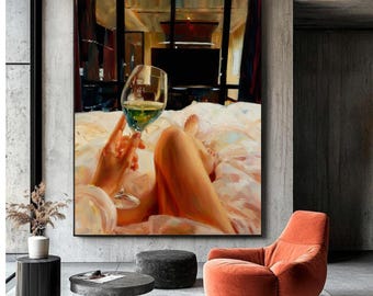 Chic Lounge Wall Art – Wine Glass & Cozy Bed Painting,Intimate Wine Glass Bedroom Scene, Digital Download
