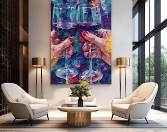 Romantische Wein-Toast Wandkunst zum Ausdrucken, Rotweingläser, digitale Malerei, bunte Feier Kunst, Küche Bar Dekor, moderner Weinliebhaber