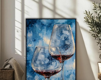 Weingläser Aquarell Wandkunst–Digitaler Download|Moderne Blaue Wein Malerei|Hochwertiges Bar & Küchen Dekor|Großes druckbares Kunstwerk