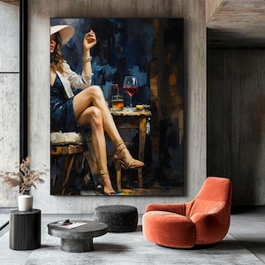Woman in Evening Attire with Wine – Modern Abstract Oil Painting on Canvas, Sophisticated  Portrait for Lounge, Bar, Contemporary Home Décor