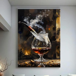 Luxury Cigar and Whiskey Art Print–Sophisticated Bar Wall Decor Featuring Smoky Cognac Glass and Cigar, Perfect for Lounge, Office,home,bar.