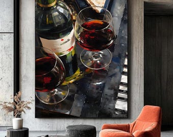 Wine and Piano Digital Wall Art – Elegant Red Wine Glasses and Bottle Painting – Printable Bar, Music Room, or Dining Room Decor r –