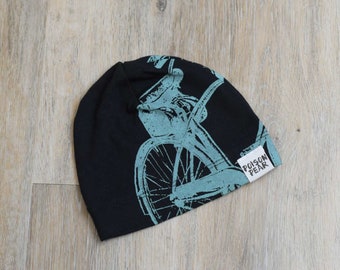 Baby Beanie Hat - Black and Turquoise Bike