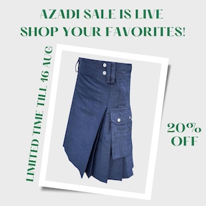 Blue Denim Utility Kilt for Men – Handmade Casual Kilt with Pockets