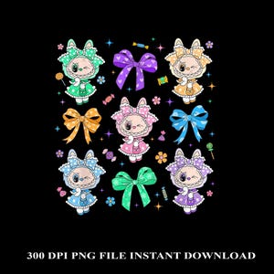 トレンドのピンクの漫画キャラクターデザイン、子供へのプレゼントに最適、イースターのコケットリボンのかわいい女の子向け人形PNG、面白い漫画PNG