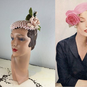 Yet....She Thought She Had Vintage 1950s Pale Pink White Bead & Rhinestone Mini Pancake Hat w/Standing Rose image 2