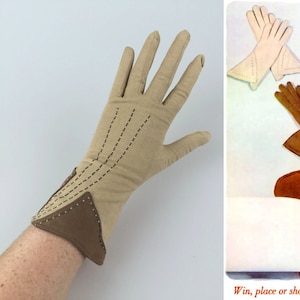 In Town or Partying Vintage 1940s 1950s Sandy Beige & Caramel Over Wrist Gloves 6.5/7 image 1