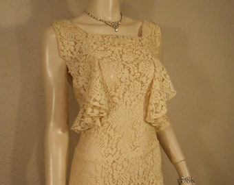 Bright Young Things We Are - Vintage 1930s Antique Ivory Lace Rayon Dress w/Plunge Back - 0/2