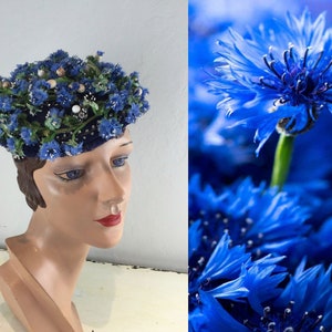 The Spritely Dance of Cornflowers Vintage 1950s Cornflower Rhinestone Bibi Mini PillBox Hat image 2