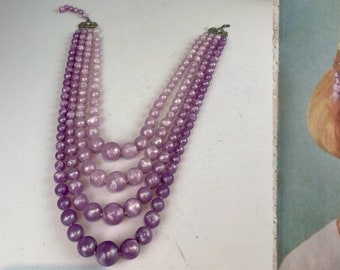 Pastel Powers - Vintage 1950s 1960s Muted Lilac Lavender 4 Strand Marble Lucite Bead Necklace