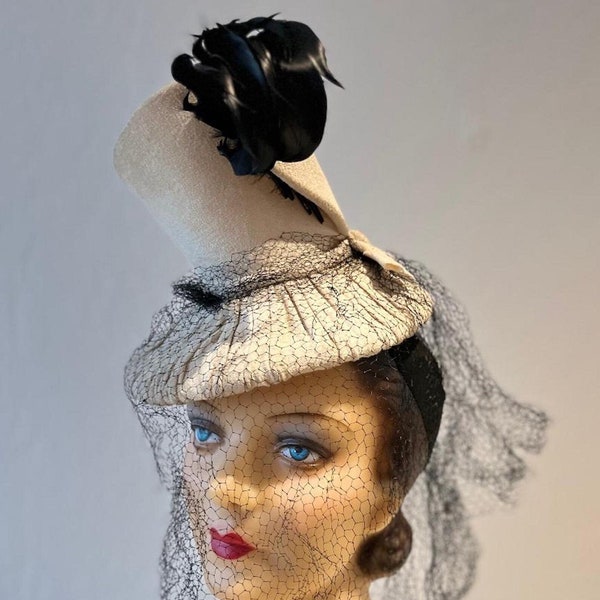 Lean Away - Vintage 1940s Outrageous Ivory Textured Rayon Tall Stove Top Hat w/Curled Black Feathers Veil