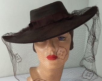 Cool, Calm and Collected - Vintage 1940s Hickory Brown Lacquered Straw & Veiled Wide Brim Hat