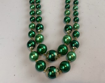 Jade Shaded Nights - Vintage 1950s 1960s Shamrock Green Faux Pearl 2 Strand Necklace