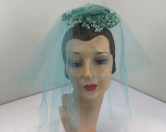 Technicolor Wedding - Vintage 1950s 1960s Aqua Turquoise Blue Lillies of the Valley Wedding Clip/Veil