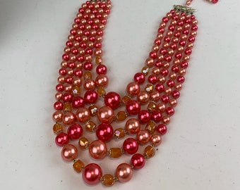 Awaiting Spring - Vintage 1950s 1960s Coral & Amaranth Pink Pearl Beads 5 Strand Necklace