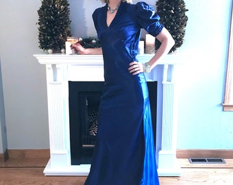 Careless Memories - Vintage 1930s Royal Blue Satin Plouf Sleeve Ripple Collar Evening Gown Dress