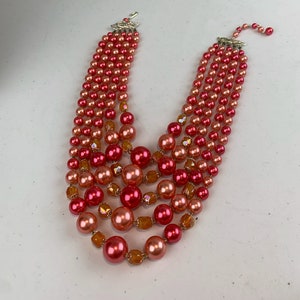 Awaiting Spring Vintage 1950s 1960s Coral & Amaranth Pink Pearl Beads 5 Strand Necklace image 1
