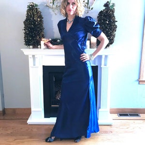 Careless Memories - Vintage 1930s Royal Blue Satin Plouf Sleeve Ripple Collar Evening Gown Dress