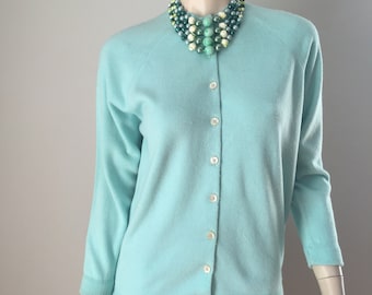 Her Glance Was Quite Unraveling - Vintage 1950s Aqua Turquoise Blue Acrylic Wool Cardigan - Large