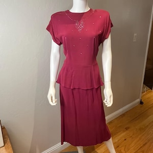 Climbing to the Top - Vintage 1940s Berry Burgundy Rayon Crepe Beaded Cocktail Dress - 10/12