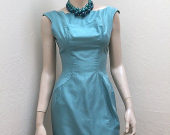 Off to the Country Club - Vintage 1950s 1960s Turquoise Blue Rayon Wiggle Dress - 4
