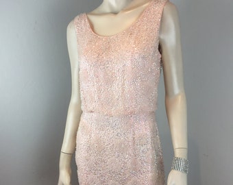 Outside the Flamingo - Vintage 1960s Pale Pink Silk Heavily Beaded & Sequined Vegas Dress - 6/8