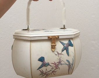 Hummingbird Moments - Vintage 1960s White & Colourful Hummingbird Wooden Decoupage Box Handbag - Rare