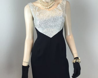 Shimmy Shimmy Shake - Vintage 1960s Black Crepe Rayon & Silver Sliver Metallic Dress - XS
