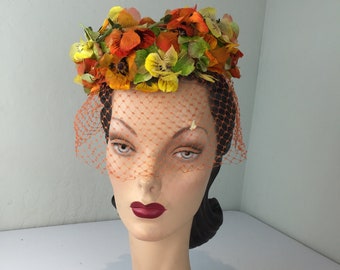 Do You See What We See? - Vintage 1950s 1960s Orange Pansies Pill Box Floral Hat w/Veil