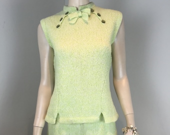 Just Off the Plane - Vintage 1950s 1960s Lime Chartreuse Green Acrylic Knitted Top Skirt Set