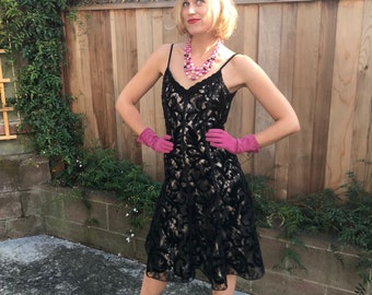 Covered in Attitude - Vintage Reproduction 1950s Black Velvet Lace Overlay Shell Pink Full Skirt Dress - 4/6