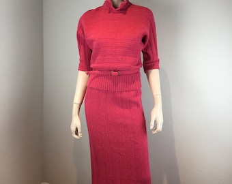 Agnes & Penny Have a Powerful Punch - Vintage 1950s Bermuda Punch Pink Wool Knit Sweater Skirt Set - M