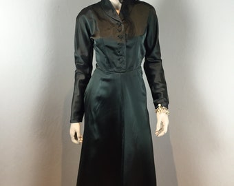 Parisian Collections - Vintage 1940s Fred A Block Dark Sea Green Satin Draped Back Dress