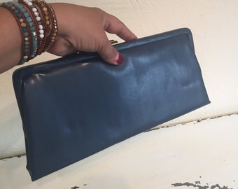Versatility At Its Best - Vintage 1950s 1960s Cadet Blue Faux Leather Vinyl Convertible Clutch Handbag Purse