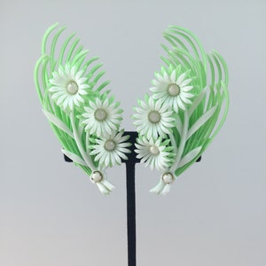 Climb the Summer Skies Vintage 1950s 1960s NOS Bright Green & White Soft Plastic Floral Climber Clip On Earrings image 1