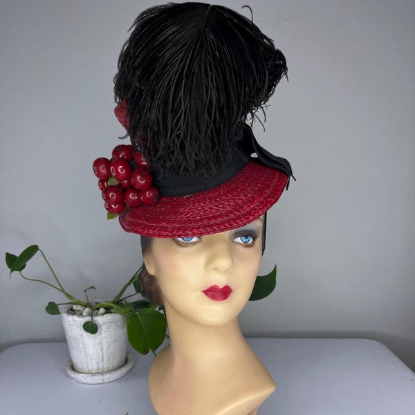 High Society of Philadelphia - Vintage 1940s Red Straw Stove Top Hat w/Cherries Black Plume